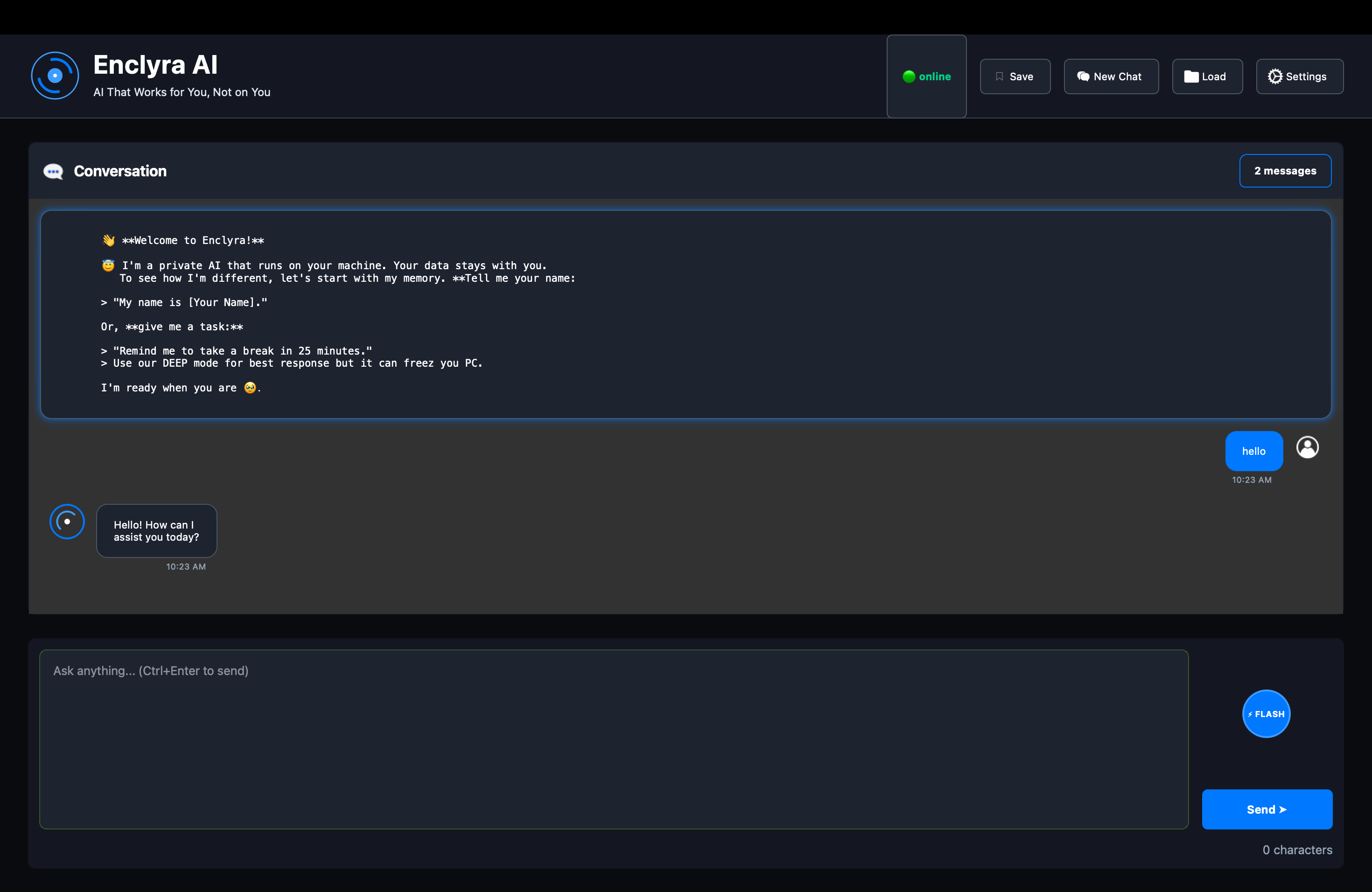 Enclyra AI in action: chatting, setting a reminder, and demonstrating its memory.